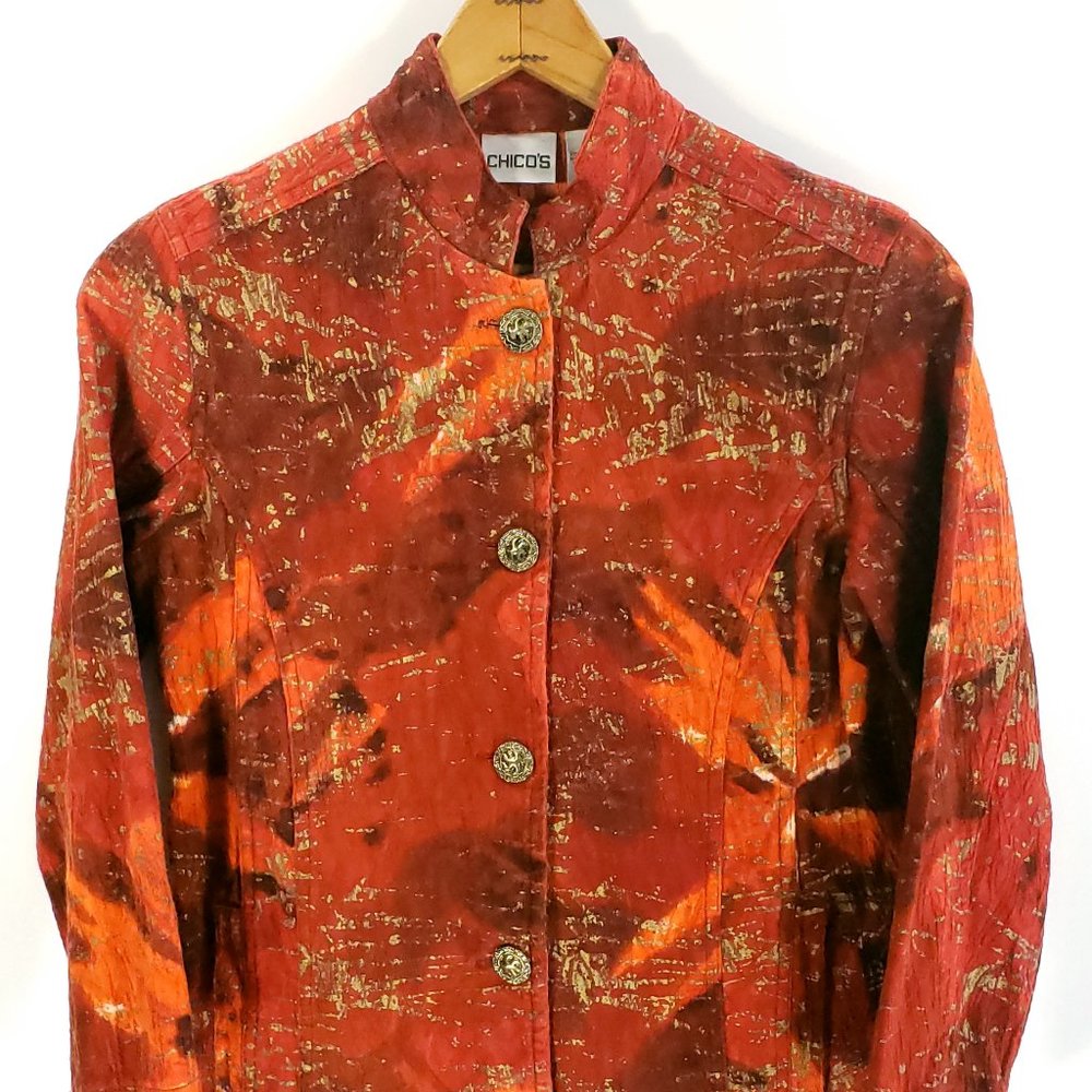 Chico's Jacket Women's 0 Chico's Sizing Orange Gold Splatter Button Front